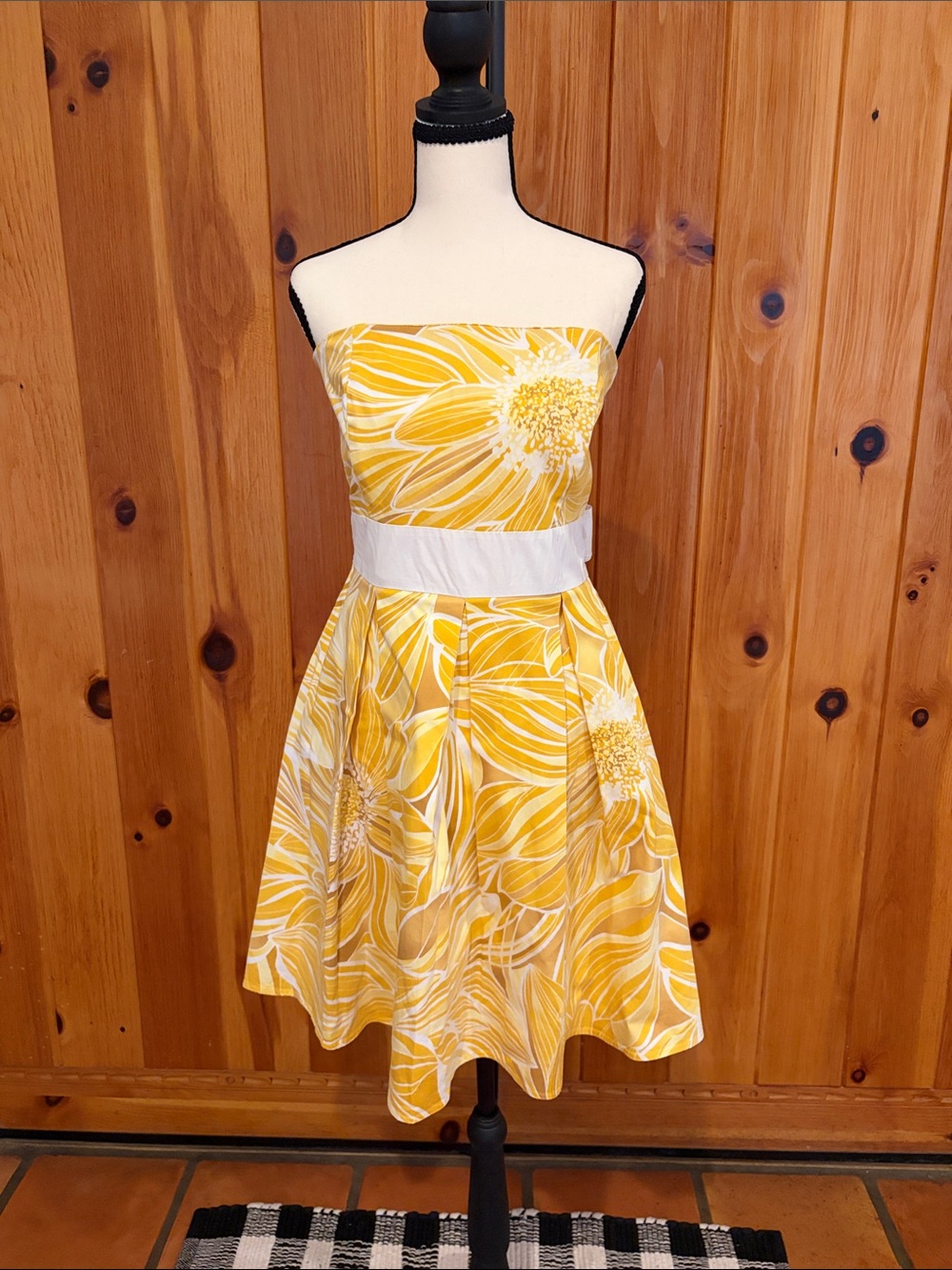 APNY Retro Floral Strapless Fit & Flare Dress Yellow White Size 12
